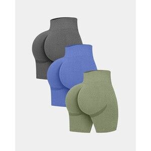 OQQ 3 Piece Yoga Shorts SMALL Seamless High Waist Butt Lifting Gray/Blue/Green
